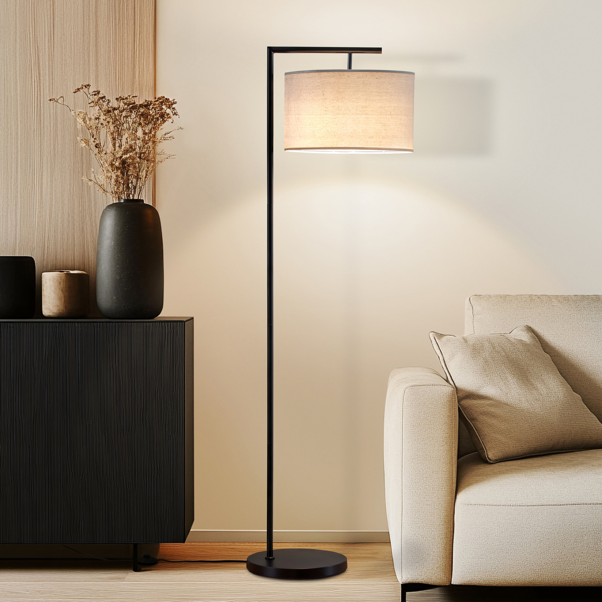 Montage Modern 60 in. Mid-Century Modern LED Floor Lamp with Fabric Drum Shade, Tan, Black