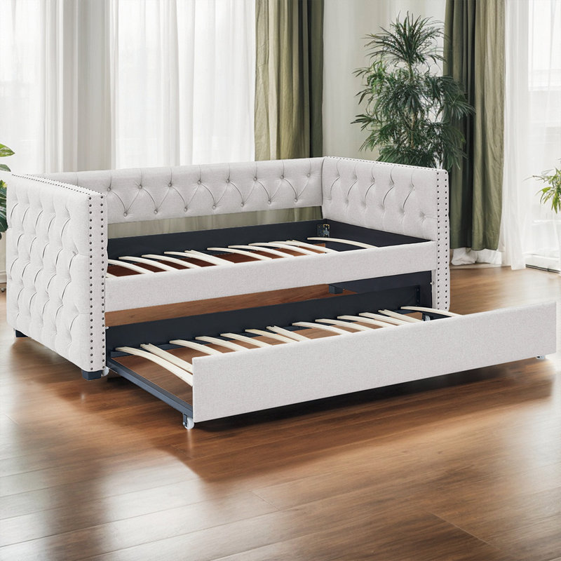 Mid-Century Upholstered Daybed With Pull-Out Trundle - Button-Tufted Sofa Bed For Living Room & Guest Space, Beige