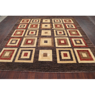 Tapis décoratif en laine noué à la main de conception unique 7 pi 10 po x 7 pi 11 po noué à la main New Age en brun/beige/rouge
