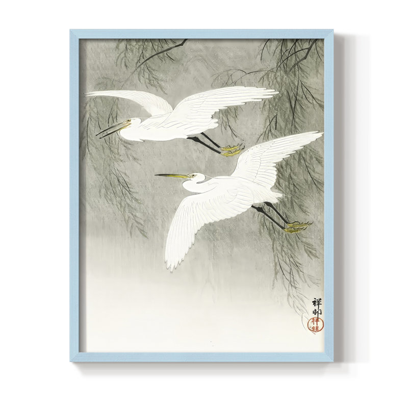 «Koson's Flying Herons I», reproduction encadrée - bois massif, H 15 po x l 12 po, Bleu