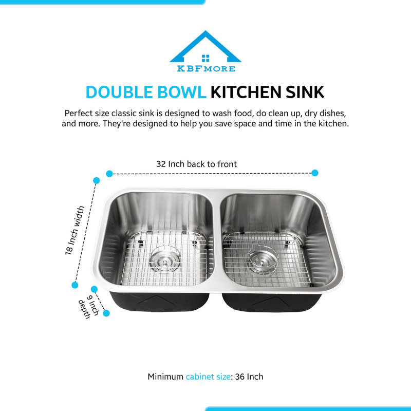 Évier de cuisine à double cuve en acier inoxydable de calibre 16 avec accessoires 6 pièces KBFmore 32 pouces