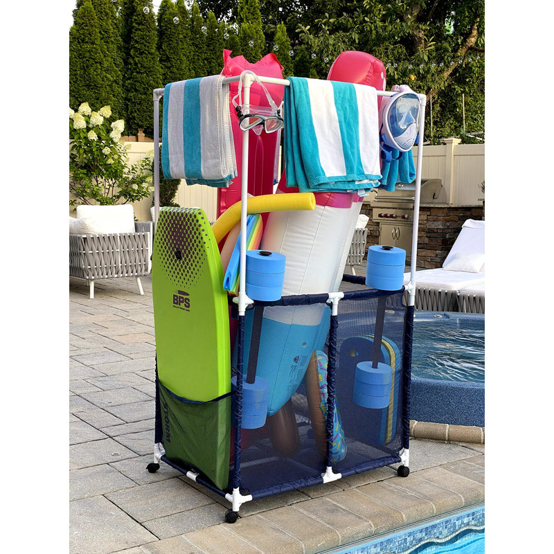 Porte-équipement de piscine avec barres de séchage pour serviettes, panier de rangement multi-usage à roulettes, Bleu