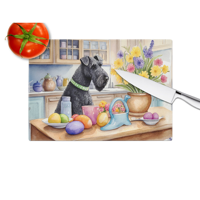 Decorating Easter Kerry Blue Terrier Glass Cutting Board