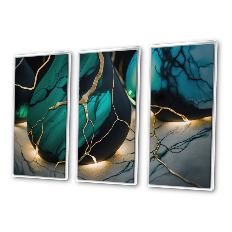 «Abstract Geode Green V», reproduction sur toile flottante 3 pièces, H 32 po x l 48 po x P 1 po, Blanc