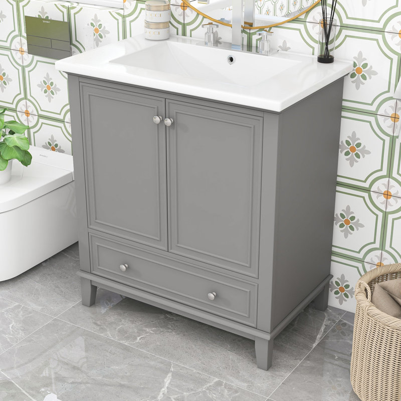 Nadira 30'' Freestanding Bathroom Vanity with Ceramic Top, Storage Cabient and Drawer, Gray