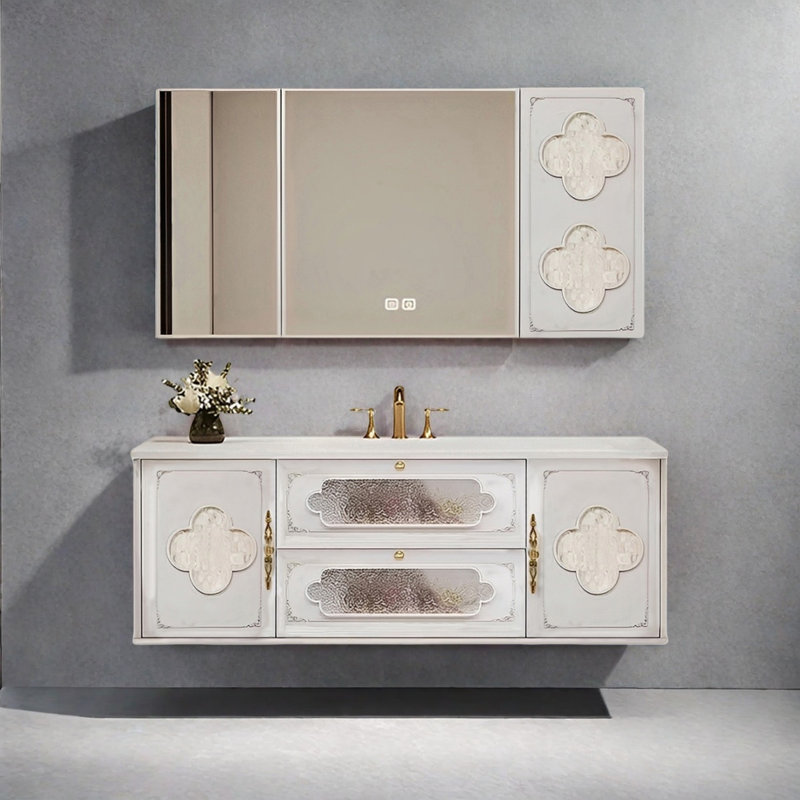 French light luxury style bathroom cabinet, White, 19.68" H x 51.18" W x 21.65" D