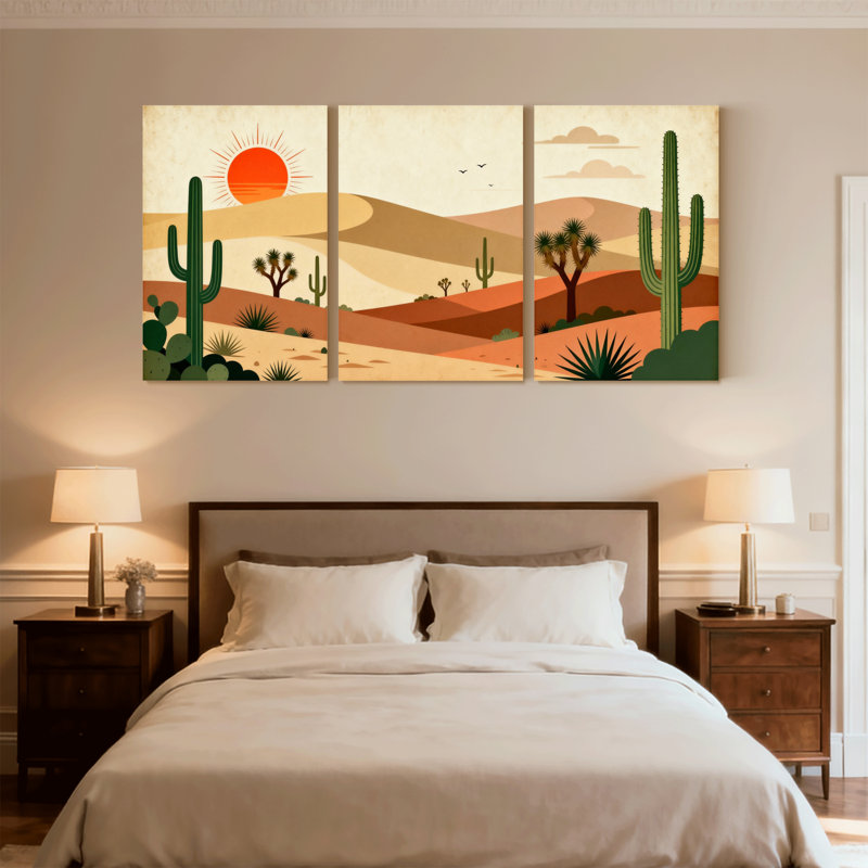 «Landscape & Nature Desert Landscape with Cactus and Sunset», ensemble de 3 impressions sur toile, H 18 po x l 36 po