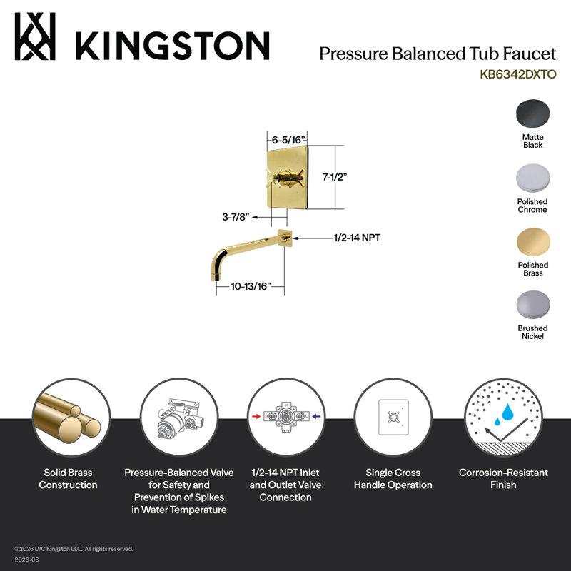 Robinet de baignoire à pression équilibrée à poignée simple Kingston Brass Concord, Laiton poli