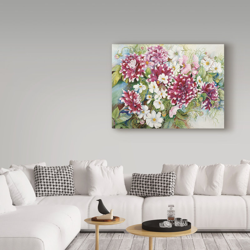 Deetra, «Bourgogne Dahlias and Cosmos», reproduction de peinture acrylique sur toile tendue, H 24 po x l 32 po x P 2 po