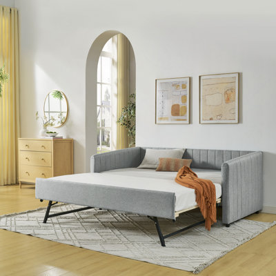 Daybed With Trundle Upholstered Sofa Bed, With Vertical Stripes, Linen Fabric (82.5"X43"X30")