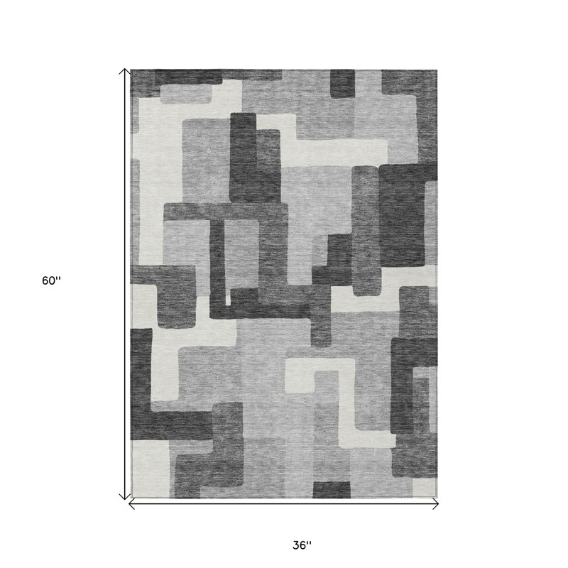 3' X 5' Gray Charcoal And Silver Abstract Washable Indoor Outdoor Area Rug
