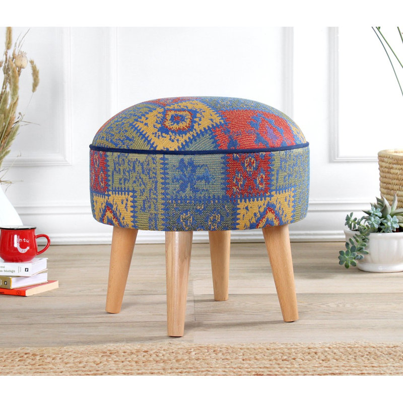 Pouf élégant avec pieds en bois de hêtre, 17,7 po x 17,7 po x 17,7 po | 50% coton / 50% lin, éponge douce orthopédique 35 heures, épaisseur: 2,4 pouces | Bleu, parfait pour le salon et la chambre à coucher, sièges confortables et polyvalents