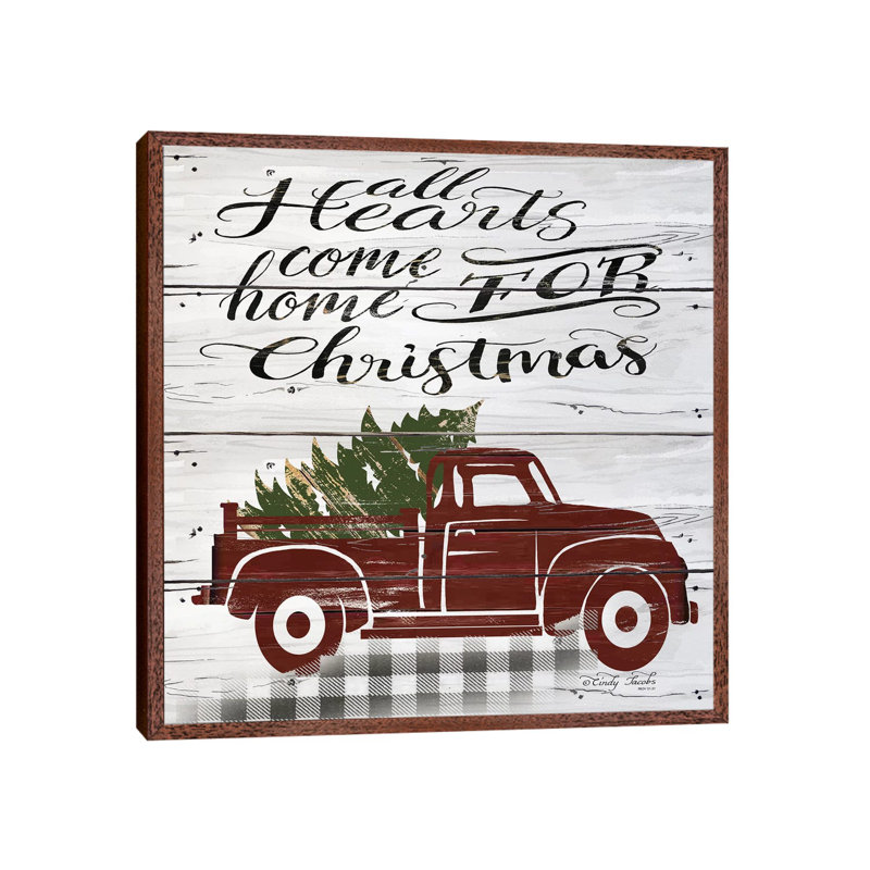 All Hearts Red Truck by Cindy Jacobs - Floater Frame Print on Canvas, Brown