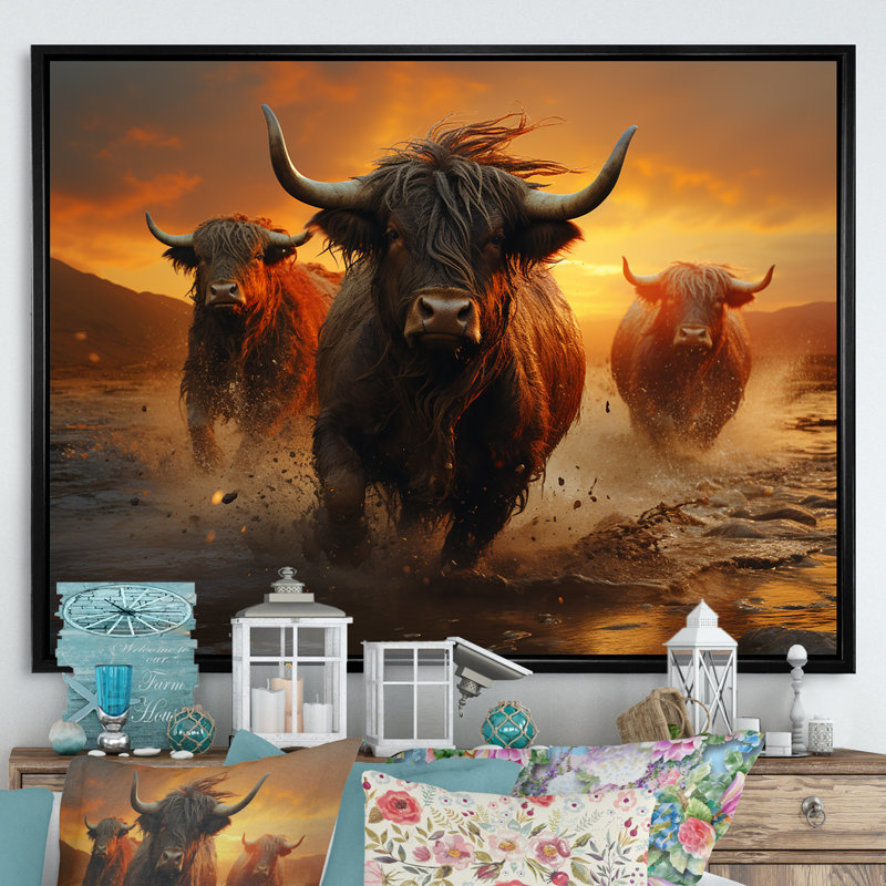 «Expressionist Yaks Horizon I» sur toile, H 34 po x l 44 po x P 1,5 po, Cadre simple noir