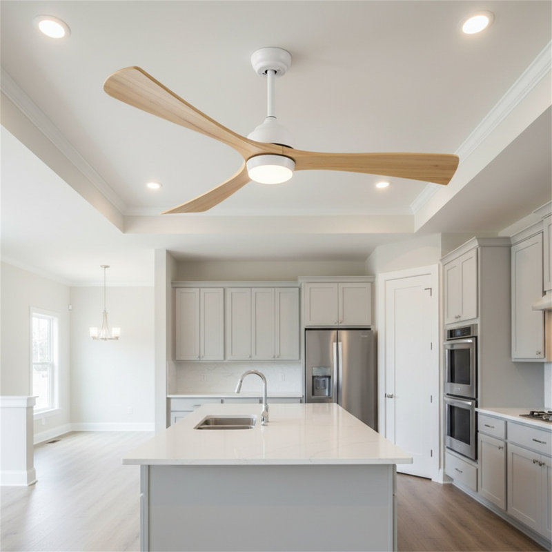 Ventilateur de plafond en bois massif de 52 pouces avec lumière, télécommande à 6 vitesses et moteur réversible silencieux