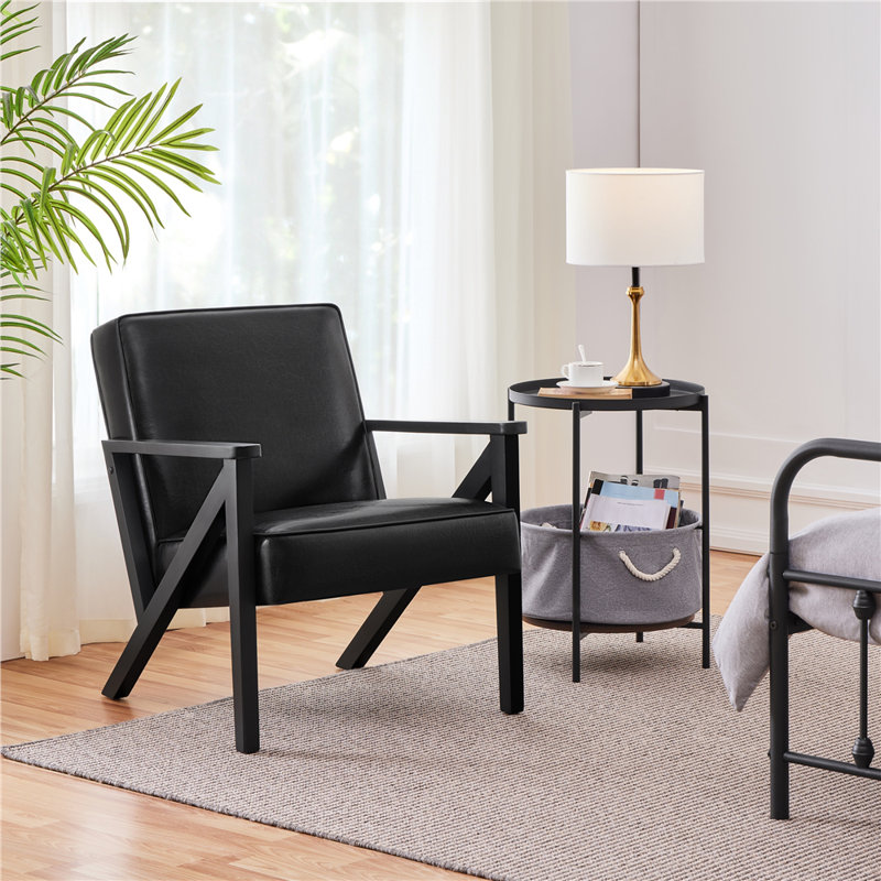 67Cm Wide Modern Upholstered Accent Chair,  Faux Leather Armchair with Z-shaped Wood Legs, Black