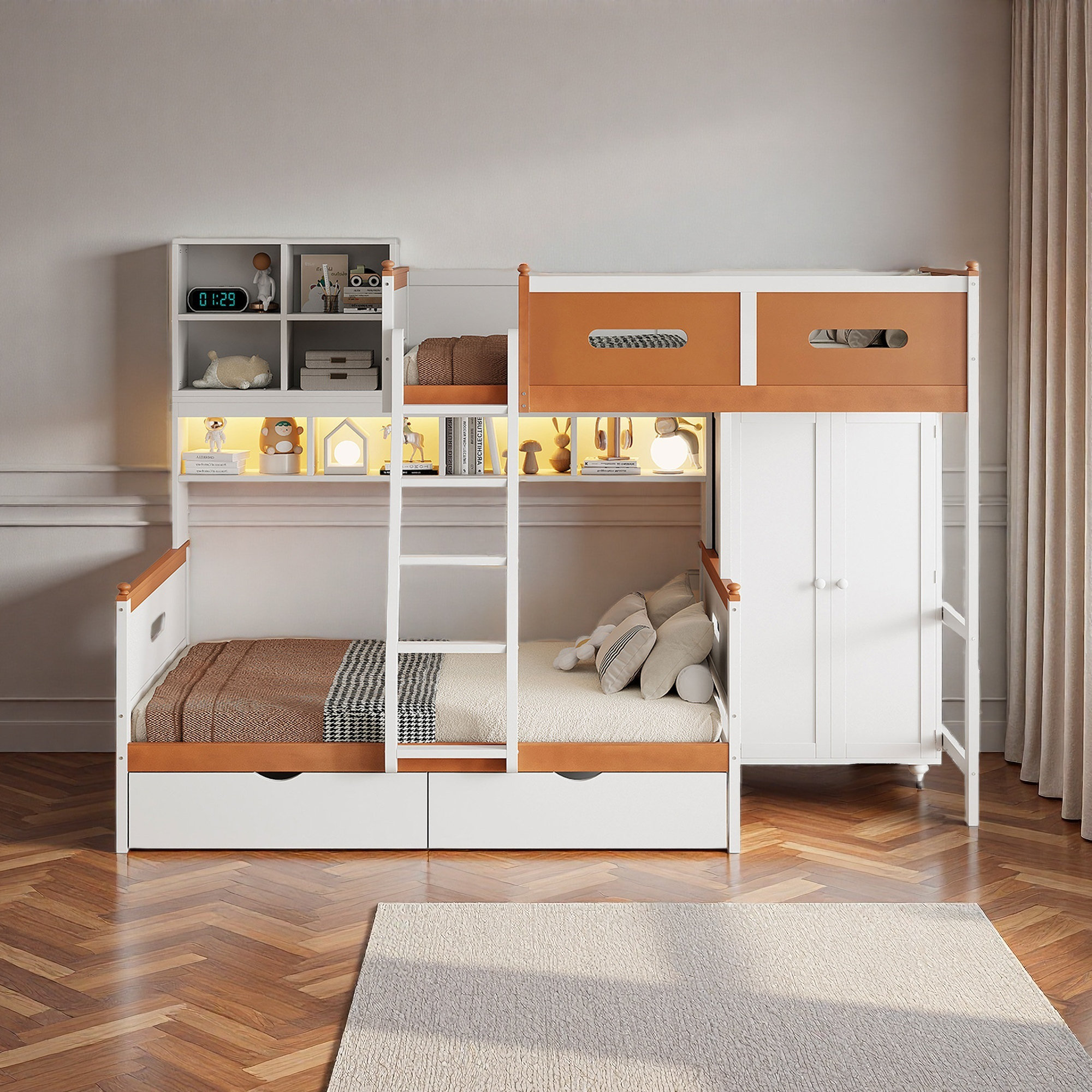 Harriet Bee Twin Over Full Wooden Bunk Bed With Wardrobe, Drawers ...