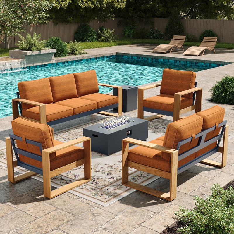  5 Pieces Aluminum Patio Furniture Set With Fire Pit Table, Oversized Seat With Hight Back Outdoor Conversation Sets, Orange