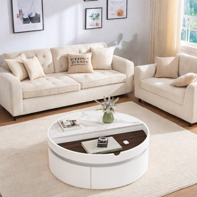 Round Lift Coffee Table With 1 Drawer, Hidden Storage And Tabletop Partition Storage