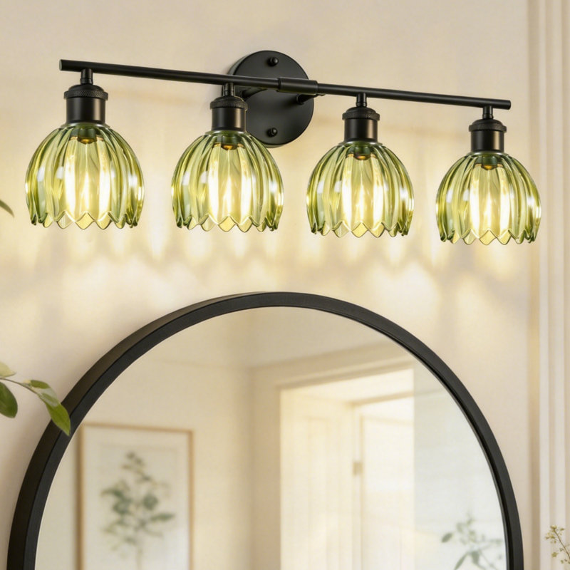 Luminaires de salle de bain modernes 26,3 pouces à 4 lumières en noir mat avec abat-jour en verre tulipe vert, Vert, Noir mat