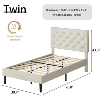 Bed Frames with Button Tufted Headboard, Linen Upholstered Platform Bed with Wooden Slats Support, Easy Assembly, No Box Spring Required