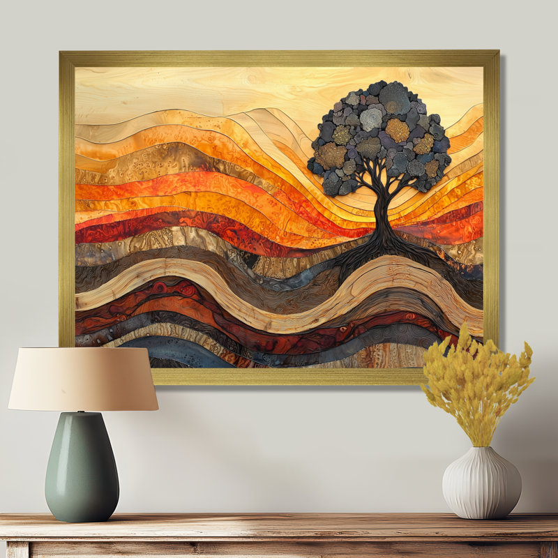 Arbre de bouleau d'automne avec racines de sérénité IV - arbre, art mural, H 12 po x l 20 po, Cadre simple, Doré
