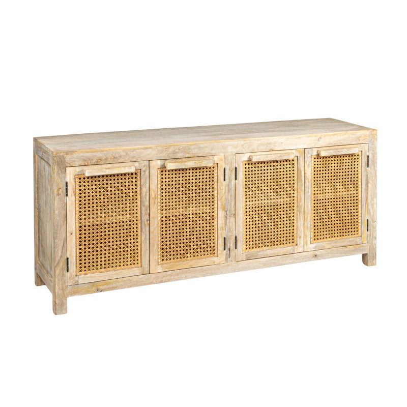 Mango Wood and Cane Sideboard with 1 Shelf and 4 Cane Doors, Natural