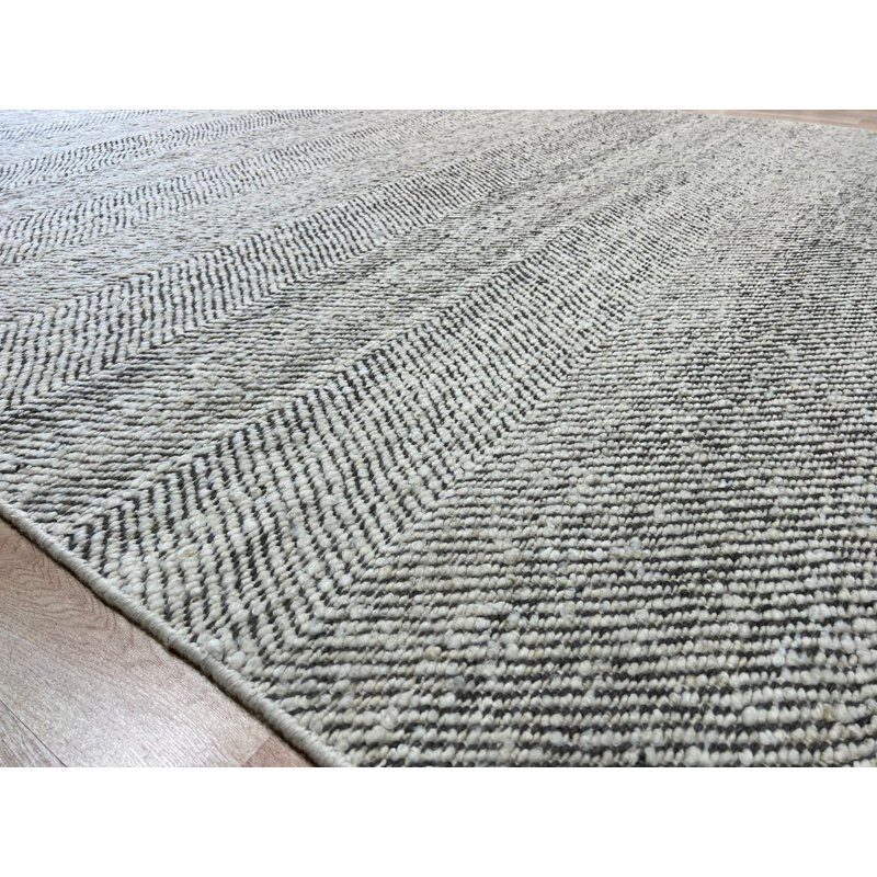 Ivory Hand-Knotted Wool Herringbone Horizon Geometric Modern Contemporary Carpet Rug, 6' x 9'
