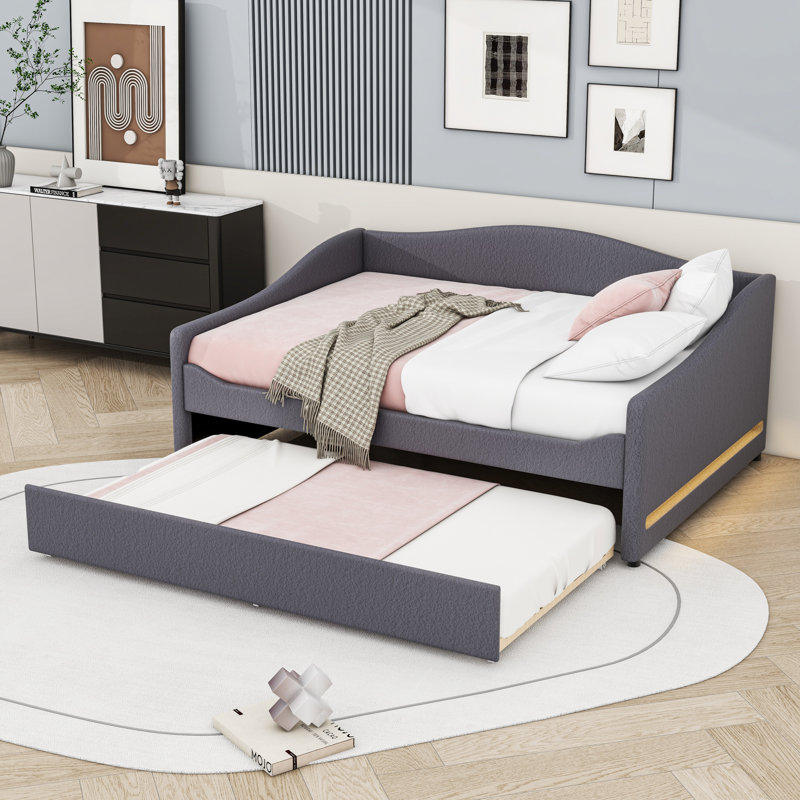 Upholstered Daybed with Twin Trundle and LED, Gray, Full/Double