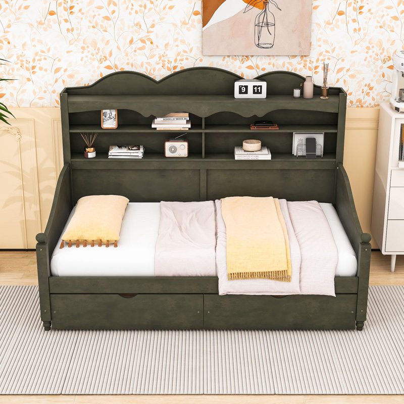 Twin Wooden Daybed with Storage Drawers and Shelves, Antique Gray