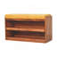 Banc de rangement escamotable en bois massif et cuir caramel, 2 tablettes
