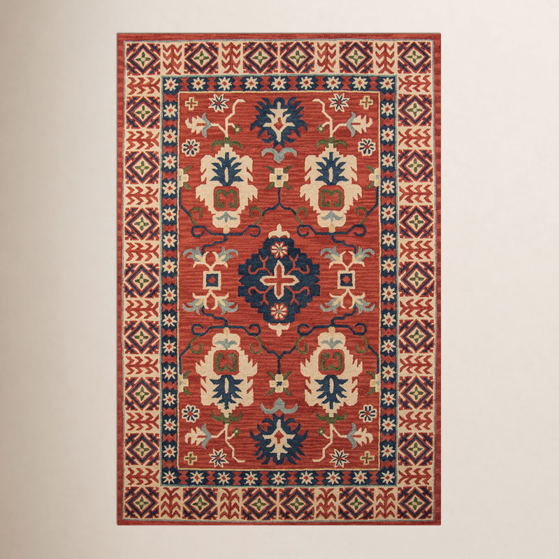 Tapis rouge / beige / bleu en laine touffeté à la main Adrien, Rectangle 5 pi x 8 pi