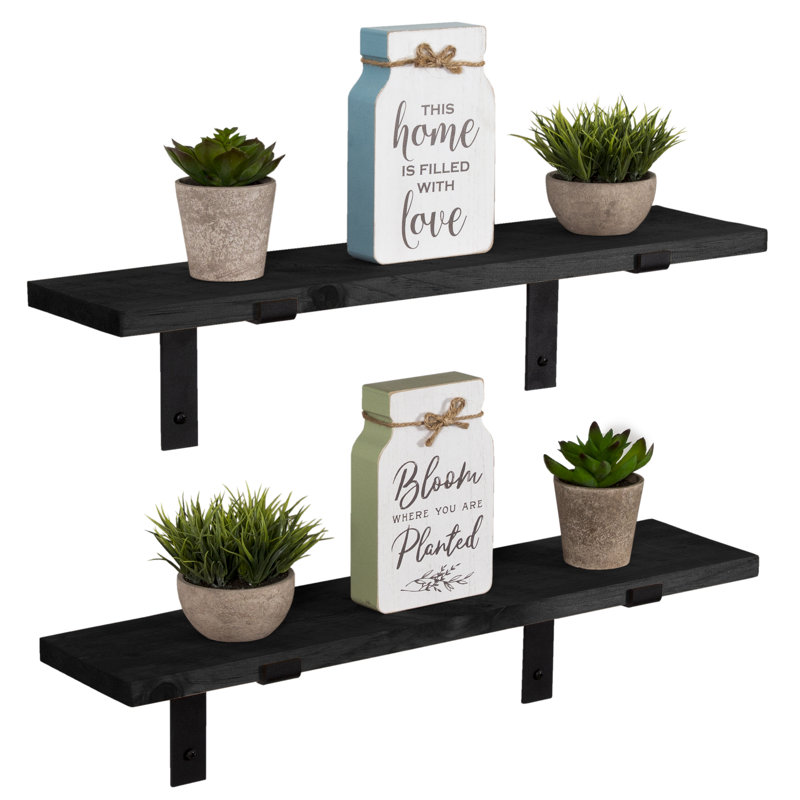 Jensenn 2 Piece Pine Solid Wood Bracket Shelf, Black, 24" x 5.5"