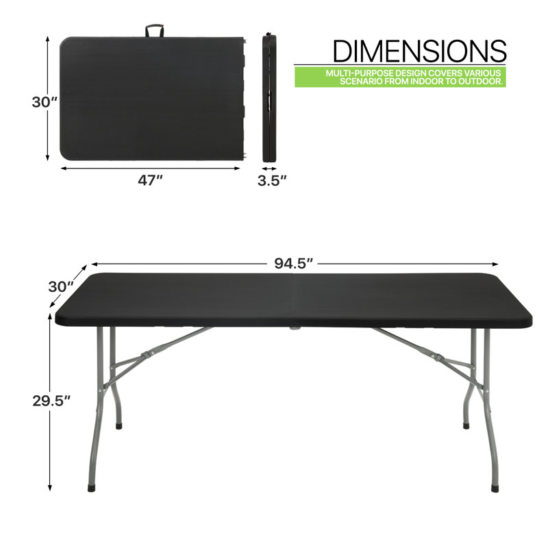 8Ft Heavy Duty Folding Table, Indoor Outdoor Portable Plastic Picnic Desk with Steel Legs and Handle, Black