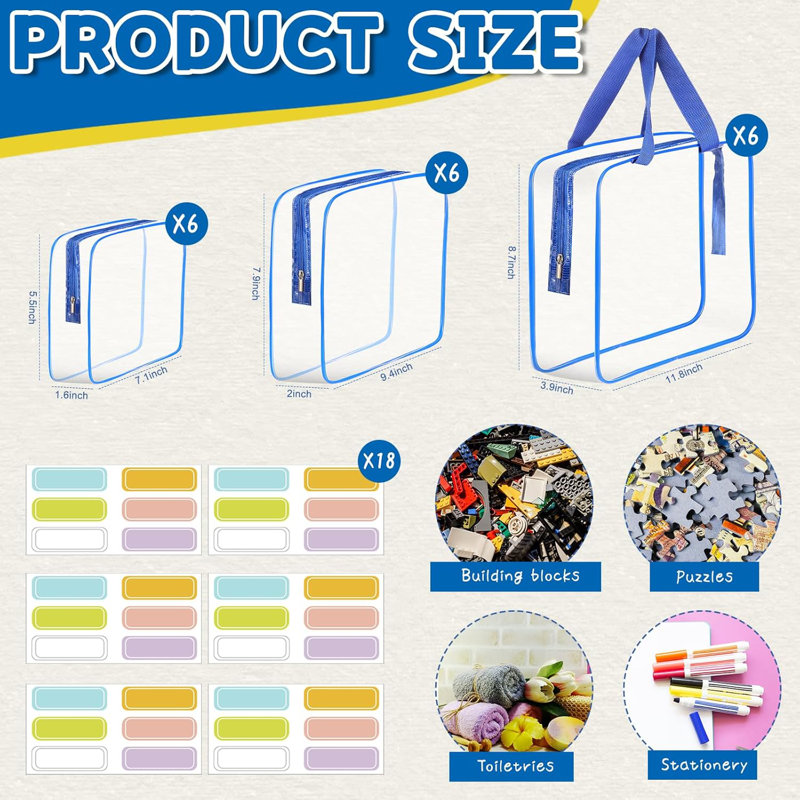 Ensemble de 18 grands sacs de rangement pour jouets bleus avec étiquettes