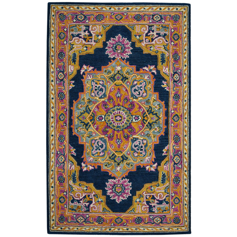 Tapis bleu en laine touffeté à la main 2 pi x 3 pi médaillon 2 pi x 3 pi