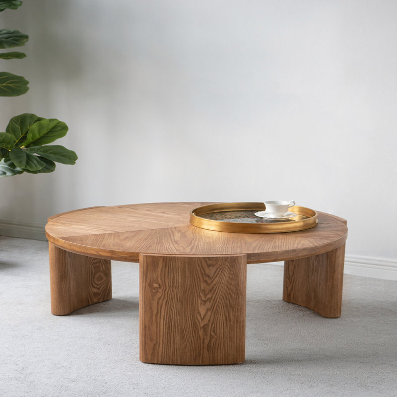 Table basse ronde D32 x 16,5 po avec pieds courbés et placage de frêne brun, H 16,3 po x L 32 po x l 32 po, Brun