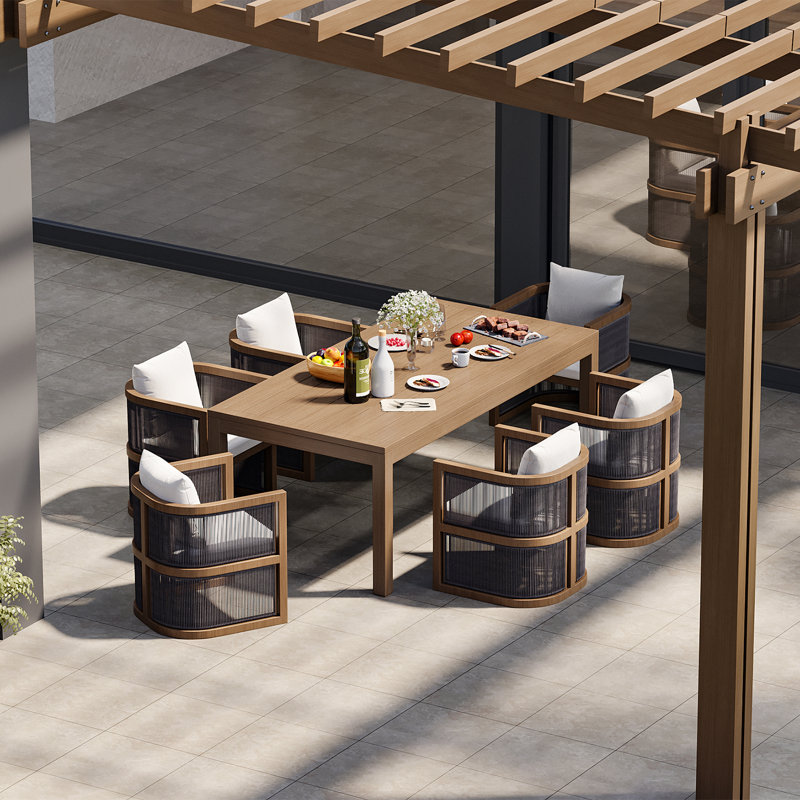 7 Pieces Outdoor Dining Set For 6 With Rectangle Table & Rope Woven Armchair In Natural