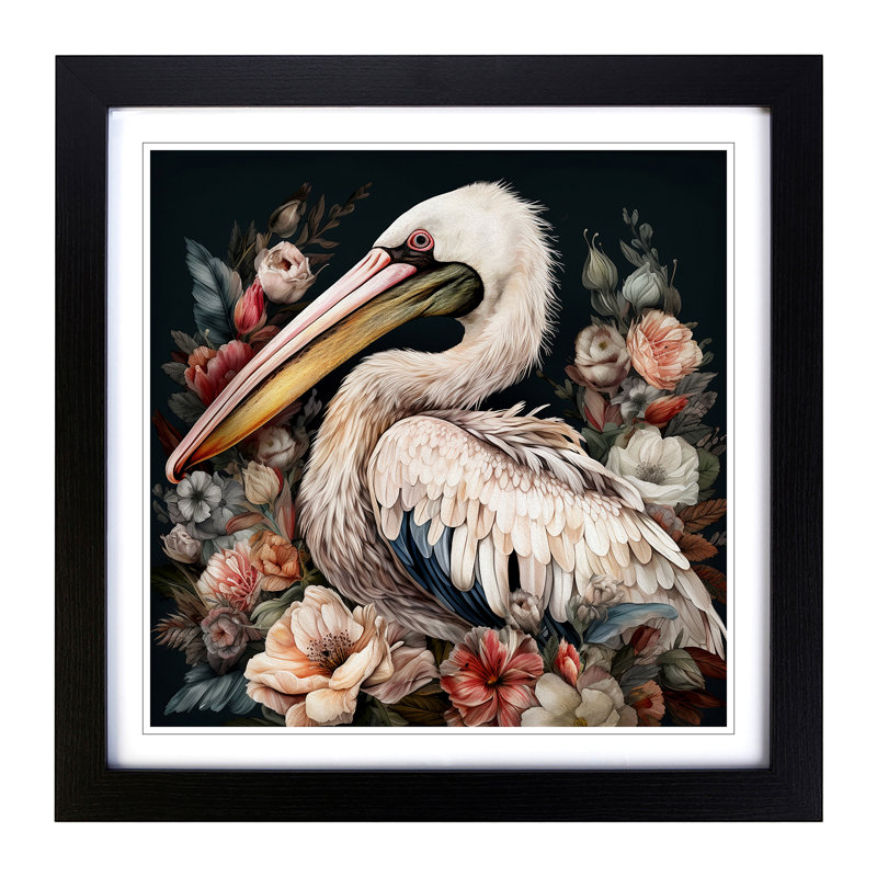 Pelican Floral Art No.1 - Single Picture Frame Print on Wood, Black