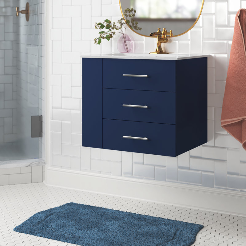 Ensemble de meuble-lavabo mural simple 24 po Aurilla avec comptoir en céramique blanc vert forêt et tablette de gauche Aurilla