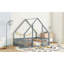 Lit double en bois en forme de maison avec clôture, garde-corps