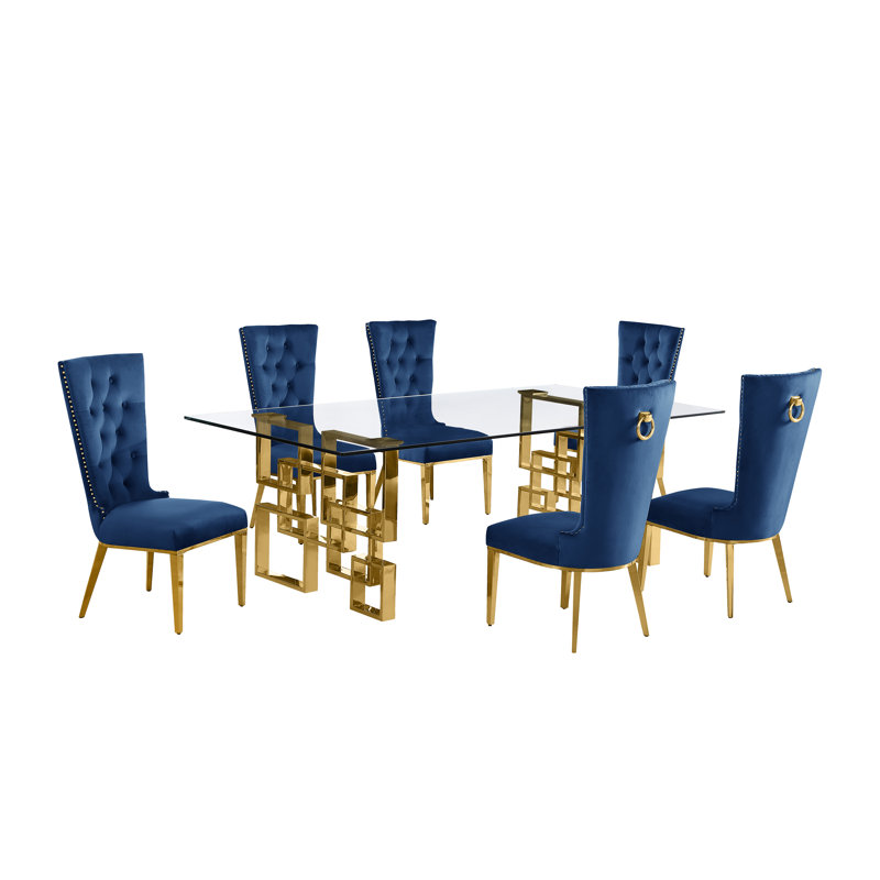 Ensemble de salle à manger rectangulaire en verre transparent avec chaises en velours L 95 po x l 46 po Borel, 7, Or