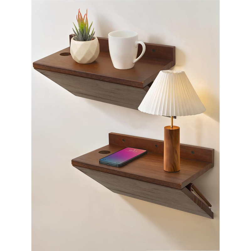 Walnut Wood Z-Shape Floating Nightstand Set with Cable Hole