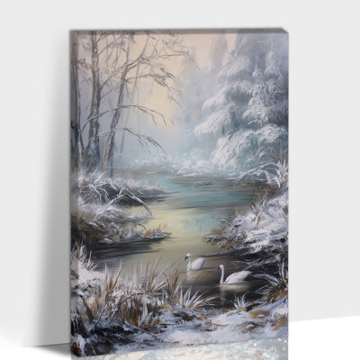 Grand paysage d'hiver, art mural avec cygnes, forêt de pin enneigé, estampe de Noël, scène d'hiver, photo sur toile pour le salon, la chambre, le bureau, le décor, 28 x 40 pouces, prêt à être suspendu