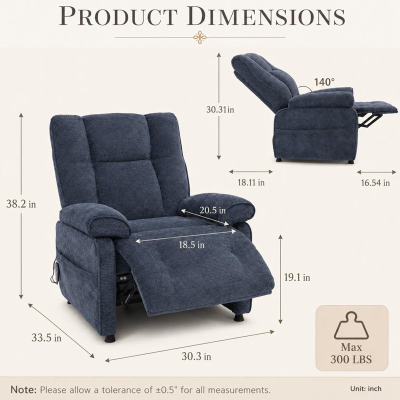 Fauteuil inclinable électrique, ajustement de 90 ° à 160 ° avec télécommande, bleu, Bleu