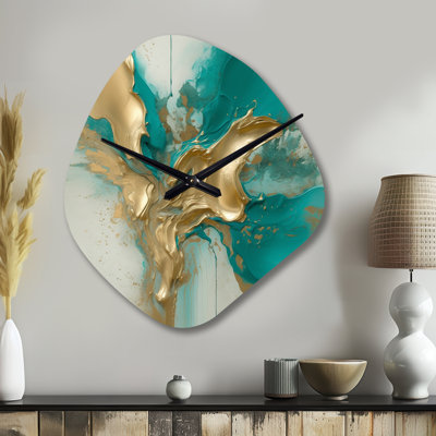 Gold And Turquoise Marble Fluid Ink II - Nebula Shape Decorative Gold Abstract Marble Wall Clock