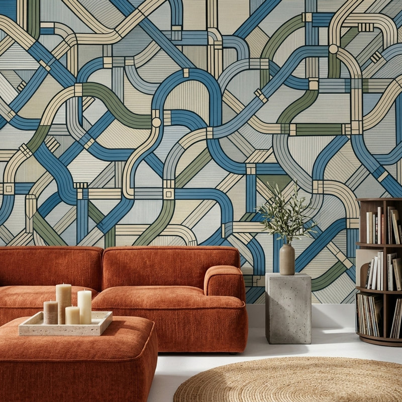 Murale rétro Mid Century, 100 po x 96 po, Texturé non collé