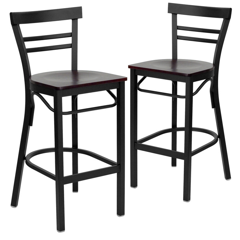 Worley Two-Slat Ladder Back Metal Restaurant and Dining Barstool with Vinyl Upholstered Seat, Mahogany, 2