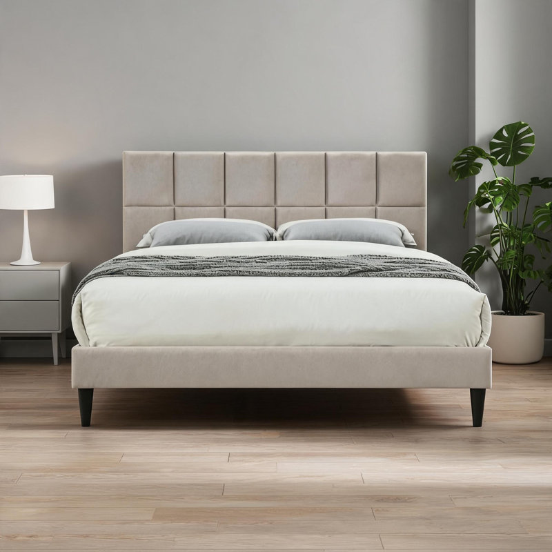 Upholstered cool gray queen size bed frame, designed for everyday bedroom use with square patterned headboard and USB charging