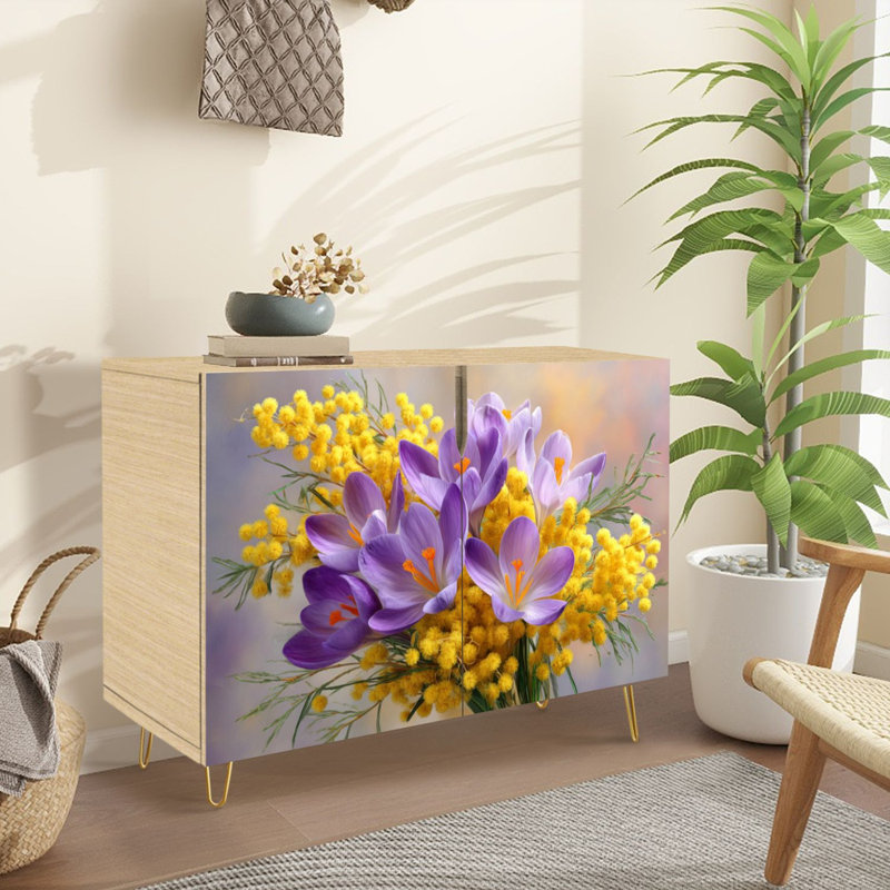 Buffet Buffet avec rangement fleurs de crocus mauves jaune pastel doux floral élégant avec 2 portes pour le salon et la cuisine